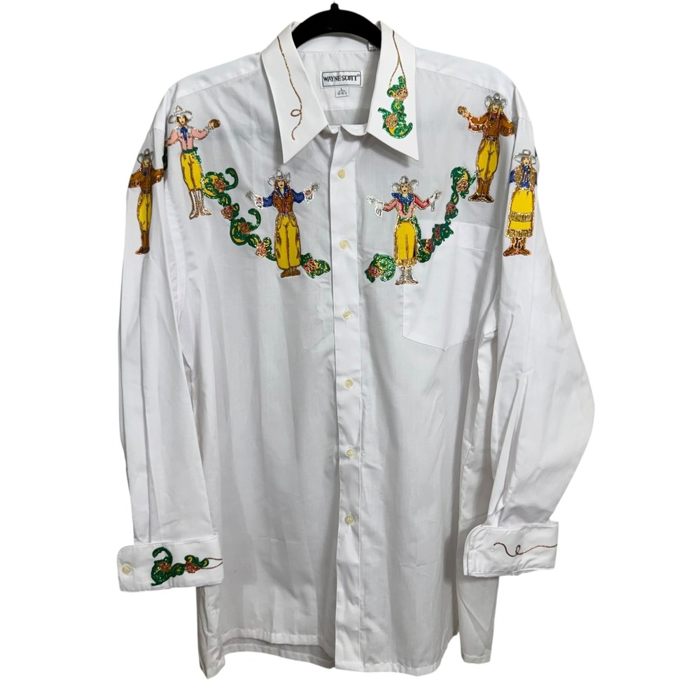 Vintage Wayne Scott White Western Cowgirl Embroidered Button Down Shirt XL L